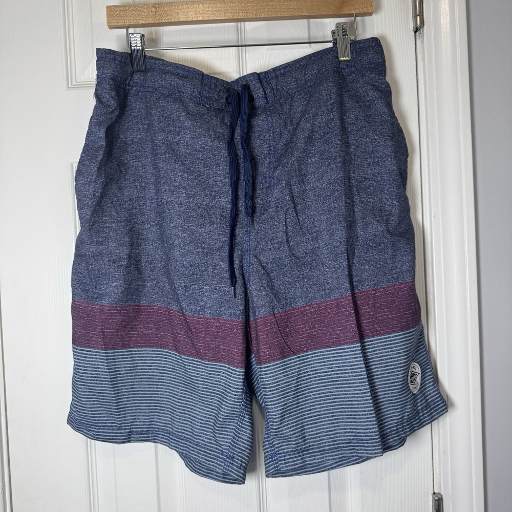 Panama Jack Mens Blue Geometric Striped Swim Trunks Mesh Lined Shorts Large